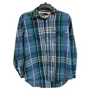 Men's VTG Polo Ralph Lauren Denim Shirt Long Sleeve Plaid Blue Size Medium